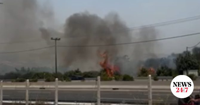 Πυρκαγιά σε παράδρομο της εθνικής κοντά στα διόδια των Αφιδνών