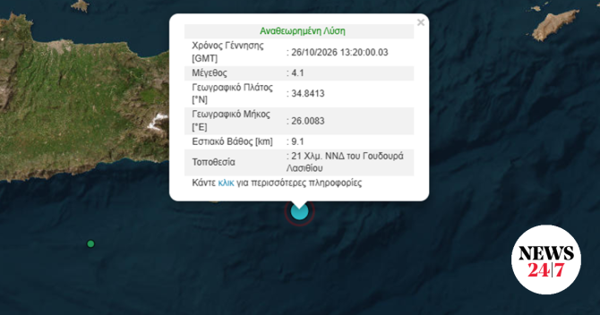Σεισμός 4,1 Ρίχτερ ανοιχτά του Λασιθίου